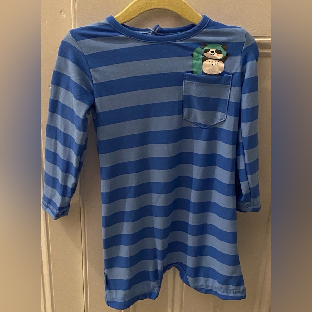 UV Skinz Blue Striped Long Sleeve Swim Romper with Panda Patch